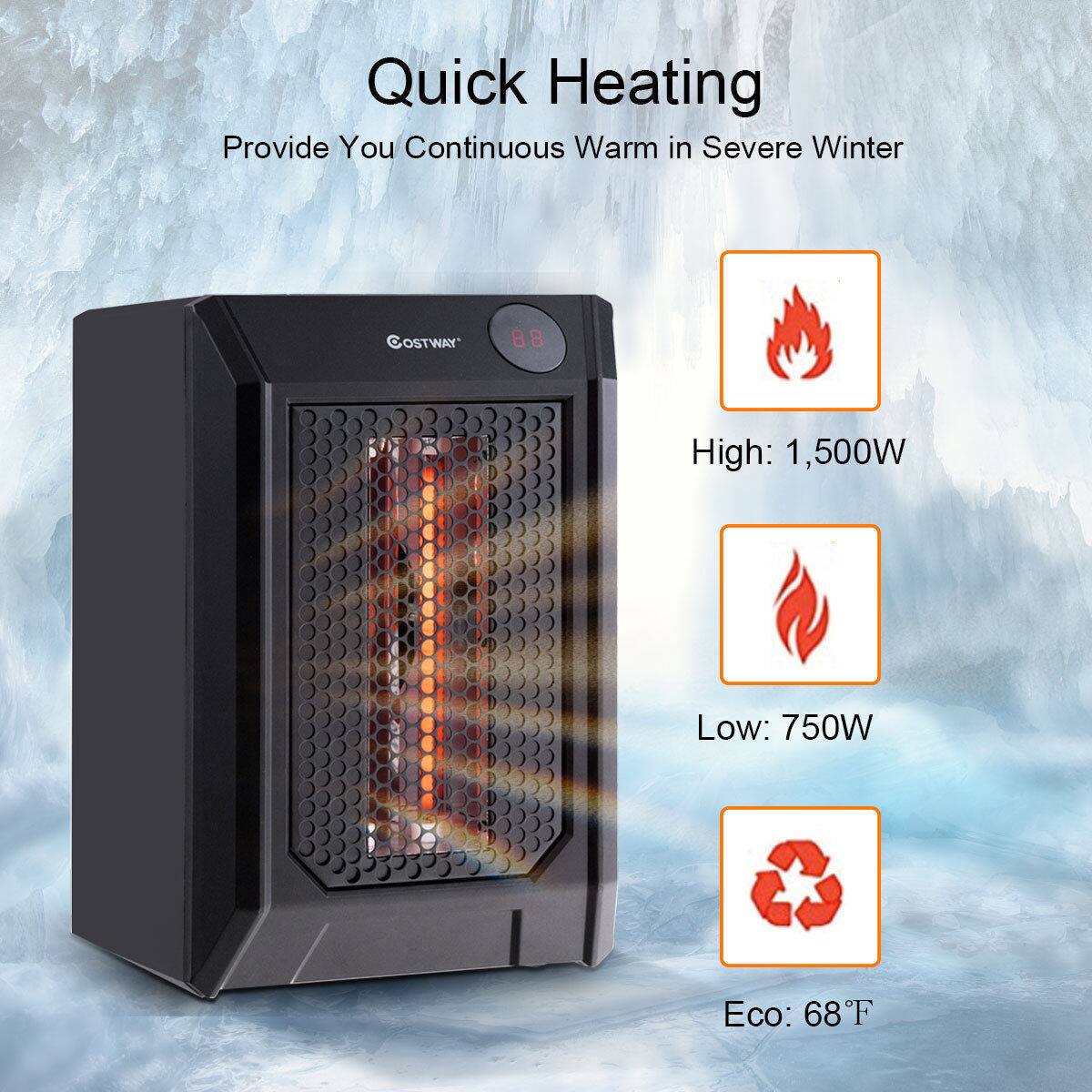 Quick Heating  
Provide You Continuous Warm in Severe Winter  

High: 1,500W  
Low: 750W  
Eco: 68°F