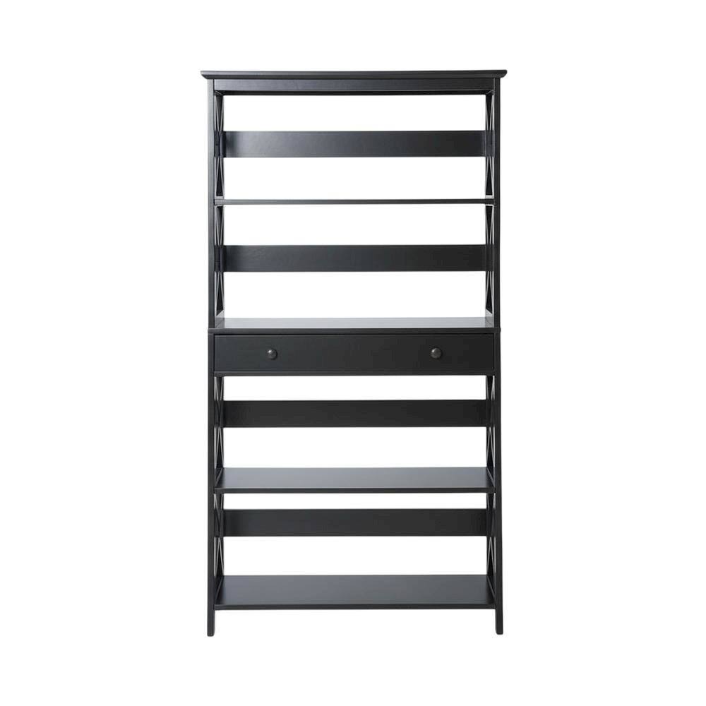 Angle. FurniFact - Wooden 5-Tier Bookcase with Drawer for versatile storage and organization - Black.
