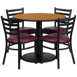 Emma + Oliver - 36" Round Laminate Table Set with 4 Ladder Back Metal Chairs - Natural Top/Burgundy Vinyl Seat