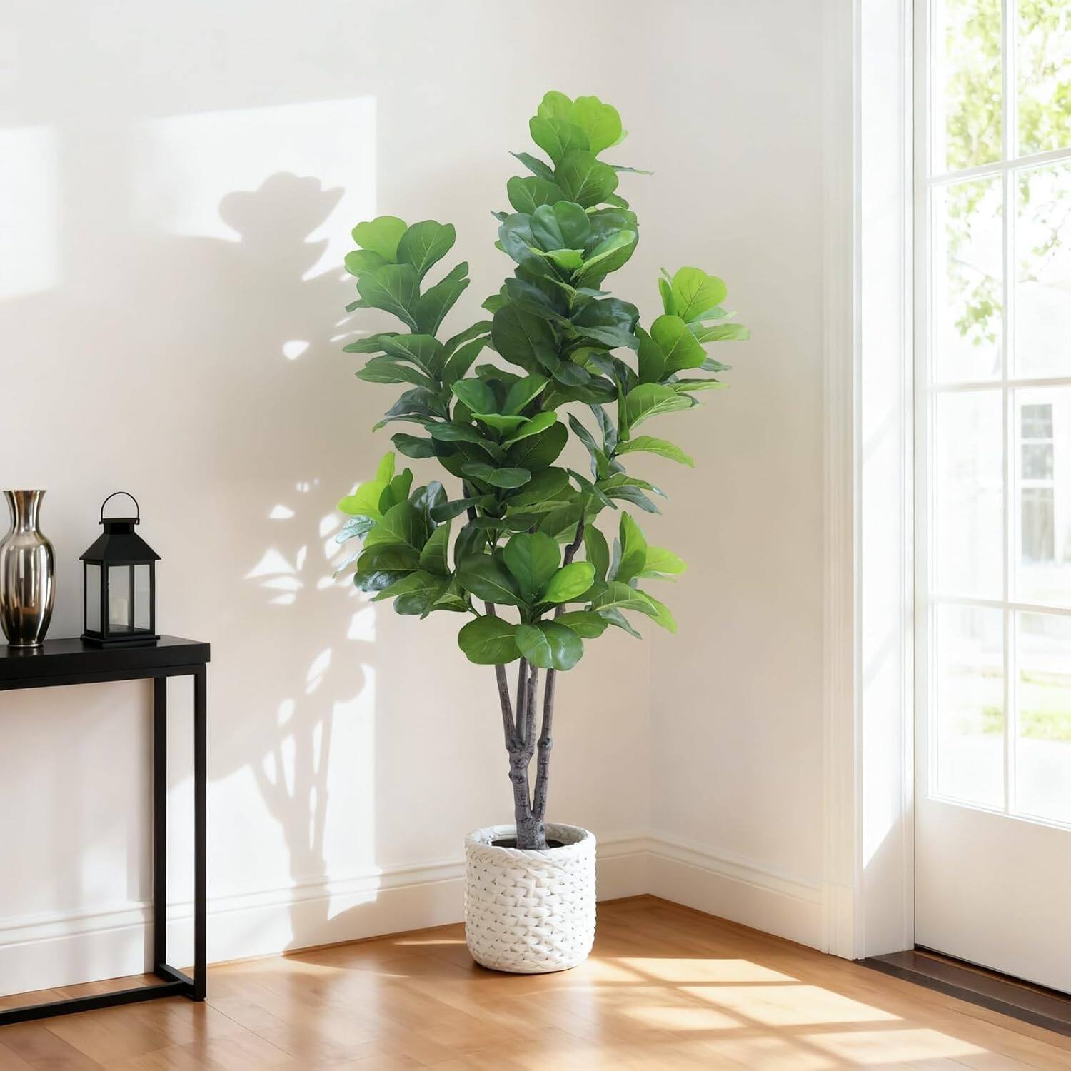 Front. Homhougo - Artificial Fiddle Leaf Fig Tree with Planter Fake Tree with Natural Wood Trunk Tropical Fake Ficus Tree for Decor - Green.
