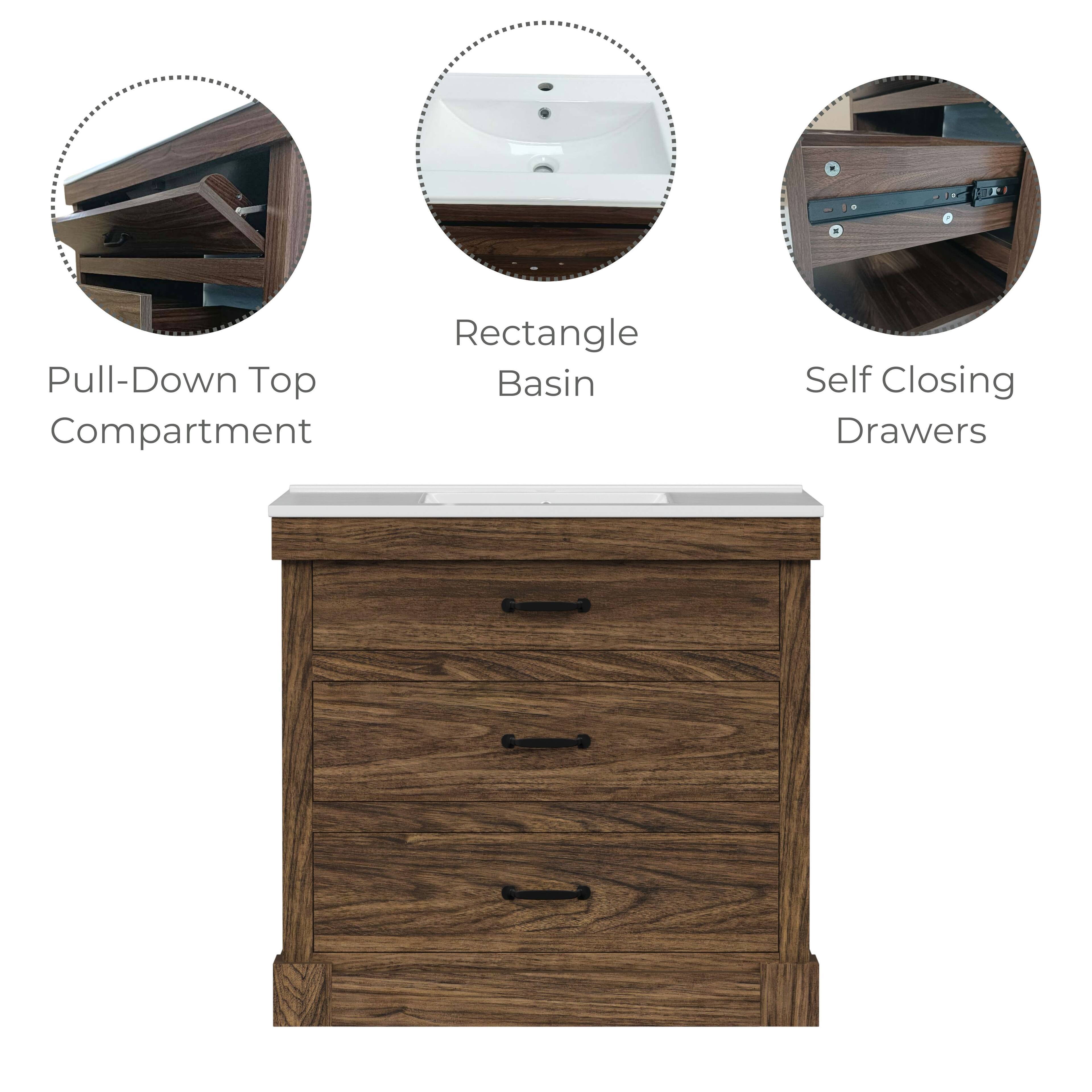 Pull-Down Top Compartment  
Rectangle Basin  
Self Closing Drawers