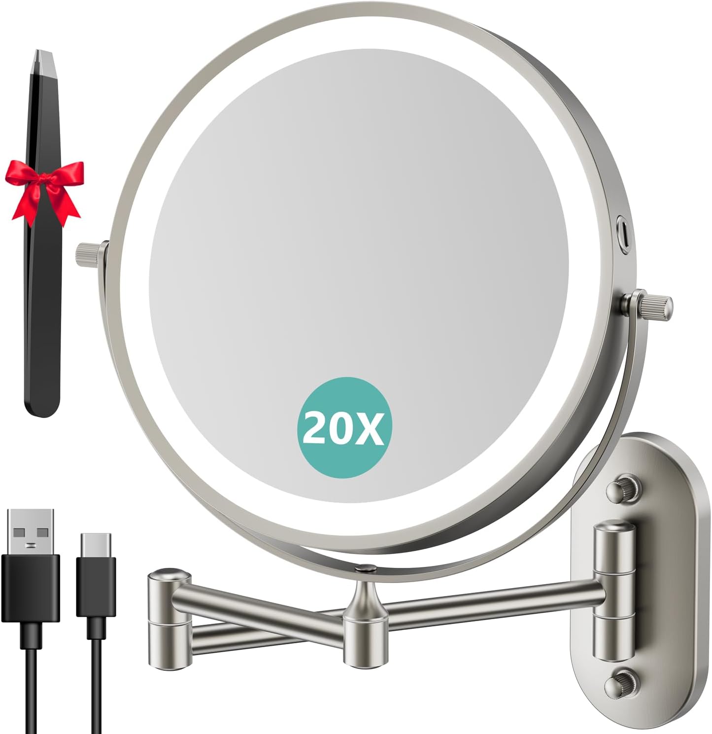 Stamp n Camp - 1X/20X Wall Mounted Makeup Mirror with Light, 8" Rechargeable Double-Sided Magnifying Mirror, Vanity Dimmable 3 Color - Nickel 20x