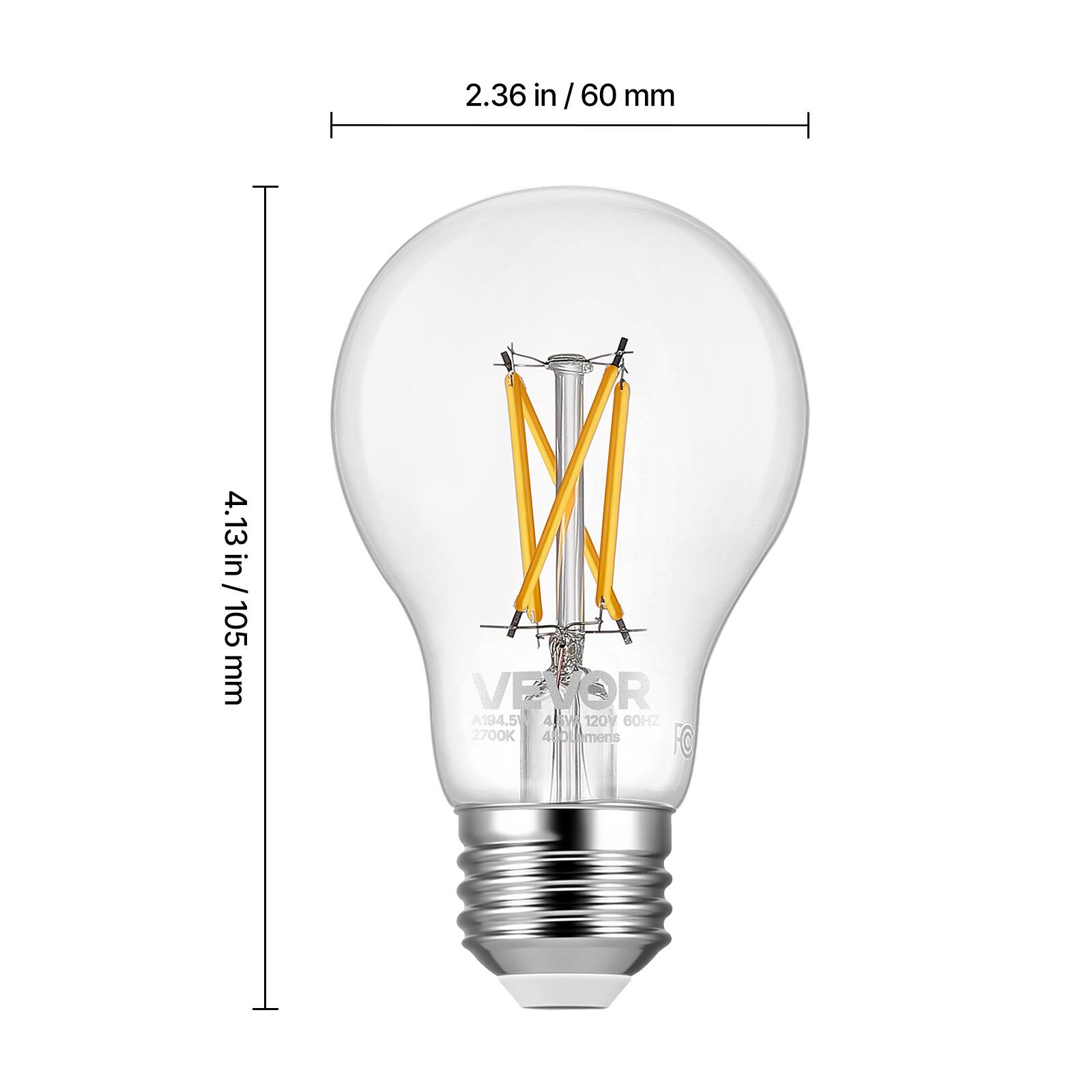 2.36 in / 60 mm  
4.13 in / 105 mm  
VEVOR  
A19 4.5  
120V 60Hz  
2700K  
40W  
E26 Base