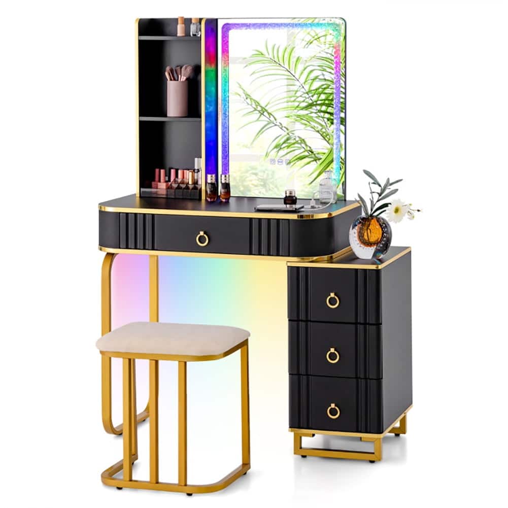 Kadyn - Vanity Desk with Mirror and LED Lights, Vanity Table Set with Storage Shelves and Drawers, Wireless Charging Station - Black