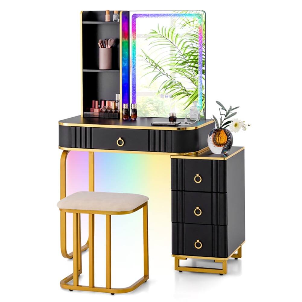 Kadyn - Vanity Desk with Mirror and LED Lights, Vanity Table Set with Storage Shelves and Drawers, Wireless Charging Station - Black