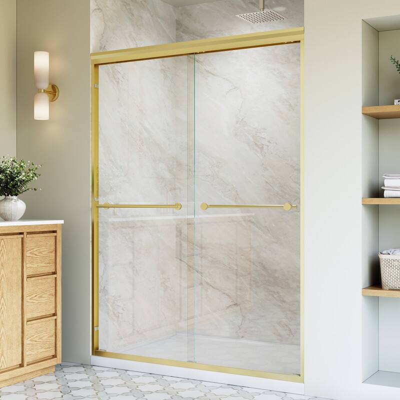 Angle. WELLFOR - 50-54 in. W x 72 in. H Framed Sliding Shower Door with 1/4 in. Clear Tempered Safety Glass,Reversible - Brushed Gold.