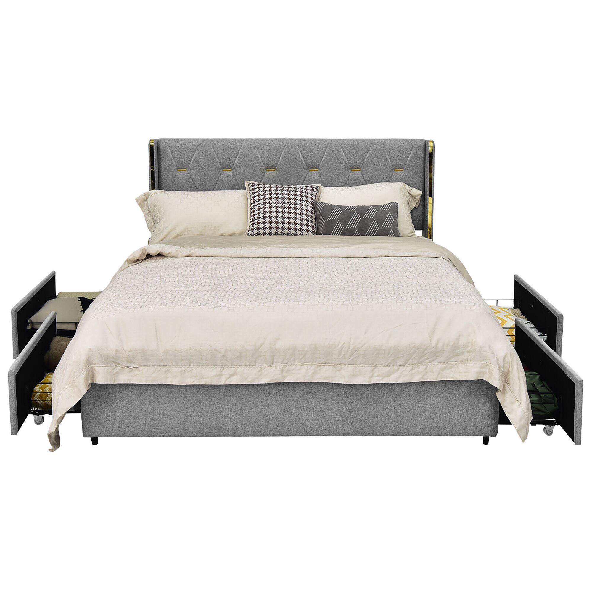 Alt View 7. Gymax - Gymax Queen Upholstered Bed Frame with 4 Storage Drawers Headboard Silver - Silver.