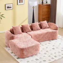 Anysun - Chenille L-Shape Compressed Sofa - High-Elastic Sponge, Curved Armrests & 4 Throw Pillows for Living Room - Pink