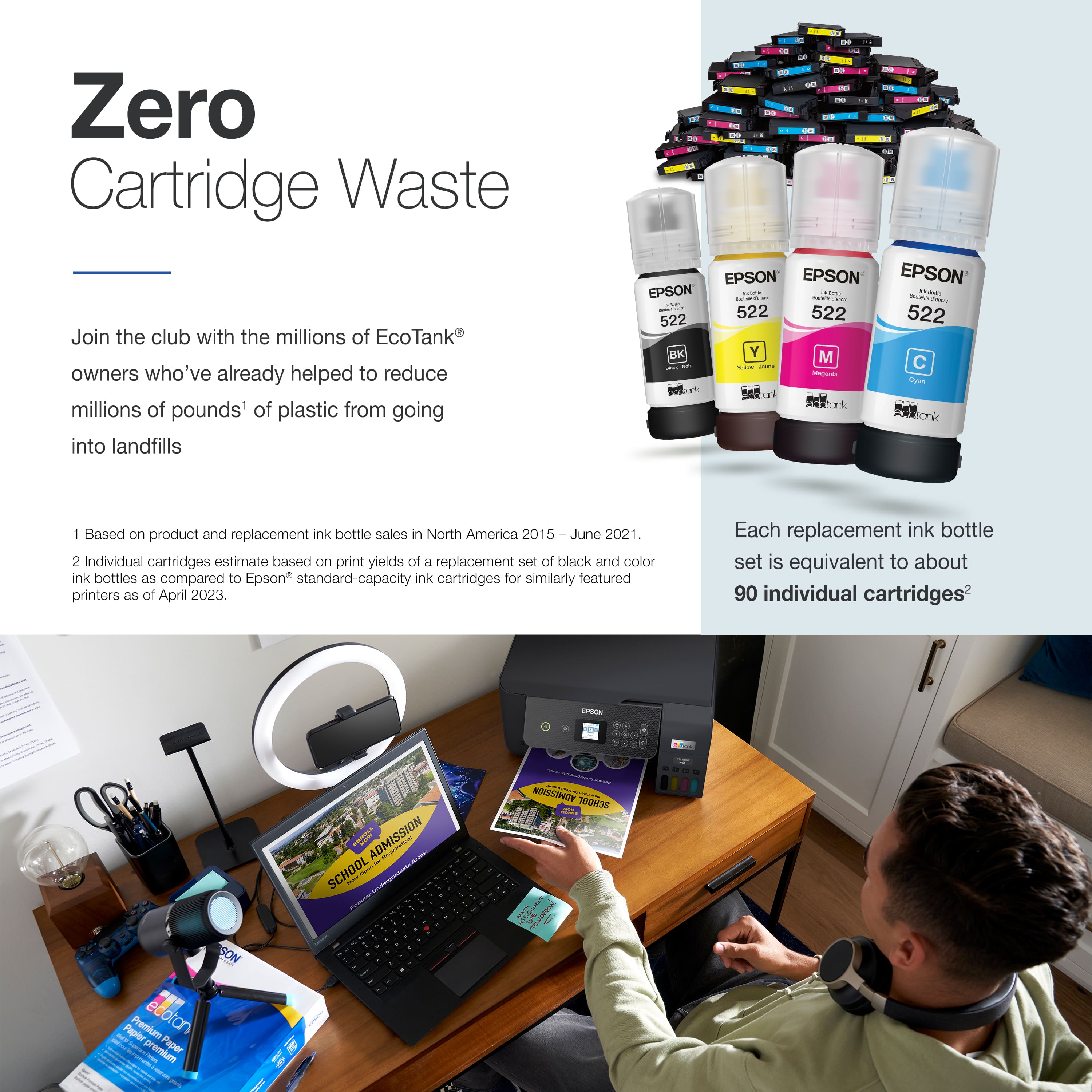 Zero Cartridge Waste Join the club with the millions of EcoTank owners who've already helped to reduce millions of pounds1 of plastic from going into landfills.
Based on product and replacement ink bottle sales in North America 2015 June 2021.
Individual cartridges estimate based on print yields of a replacement set of black and color ink bottles as compared to Epson standard-capacity ink cartridges for similarly featured printers as of April 2023. Each replacement ink bottle set is equivalent to about 90 individual cartridges.