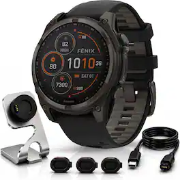 Bundle - Garmin - Fenix 8 47 mm Solar Sapphire, Carbon Gray DLC +Charging Dock + Dust Cover - Carbon Gray DLC Titanium - (2024)