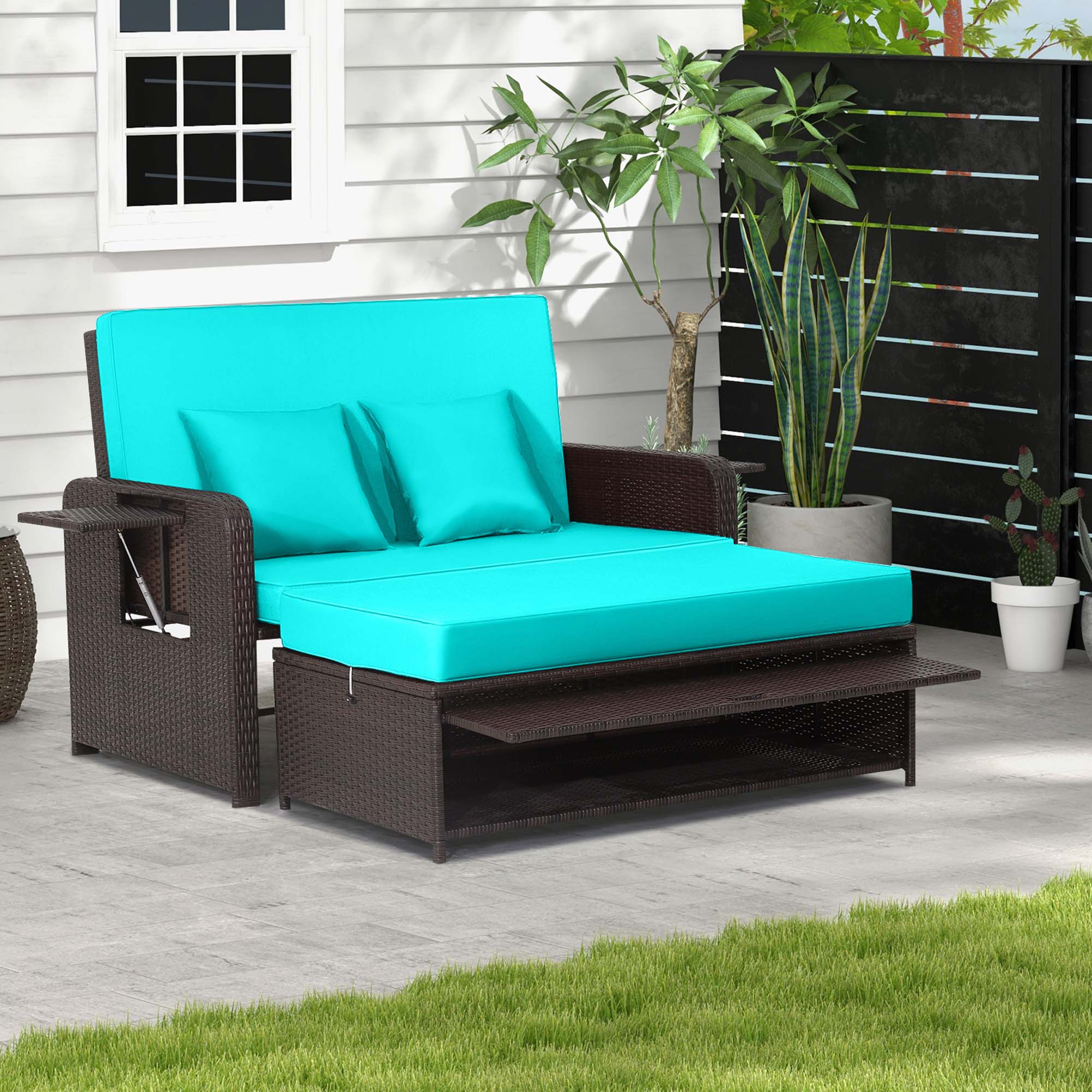 Alt View 1. Costway - Patio Rattan Loveseat Set Daybed Lounge Storage Ottoman Side Tables Adjust - Turquoise.