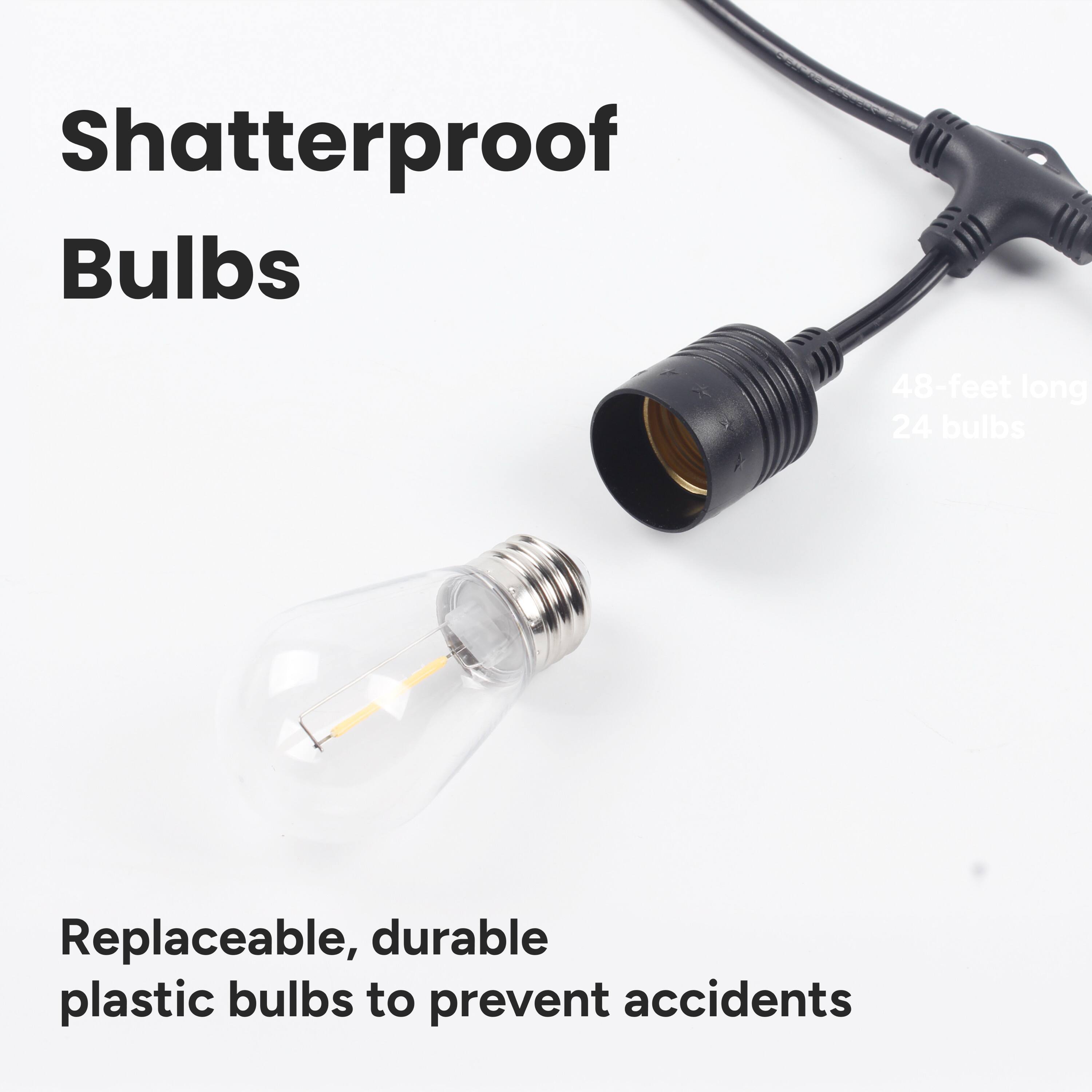 Shatterproof Bulbs

48-feet long 24 bulbs

Replaceable, durable plastic bulbs to prevent accidents