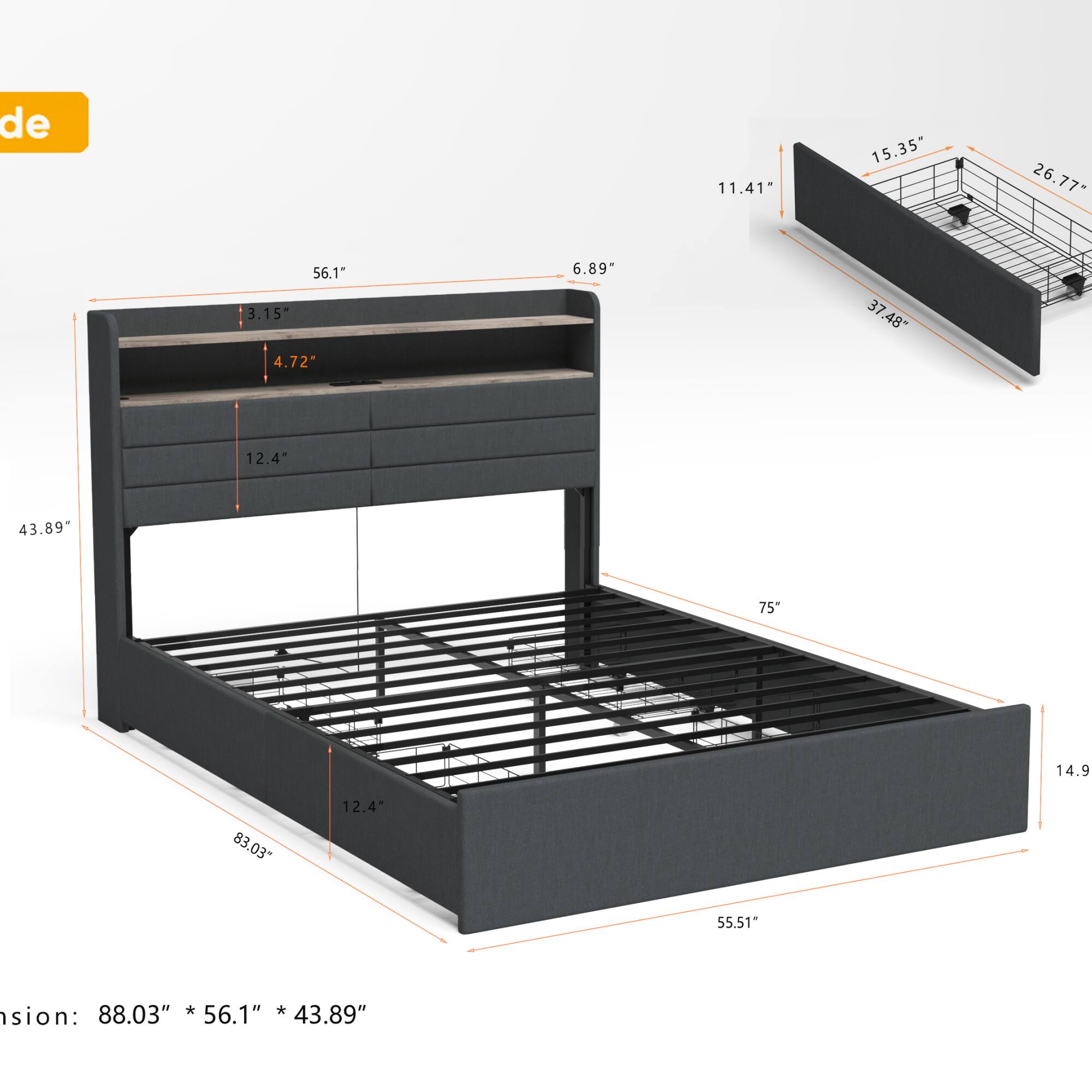 de

11.41"  
15.35"  
26.77"  
56.1"  
3.15"  
4.72"  
6.89"  
37.48"  
37"  
12.4"  
43.89"  
75"  
14.9"  
83.03"  
12.4"  
55.51"  
88.03"  
56.1"  
43.89"  

Dimension: 88.03" * 56.1" * 43.89"