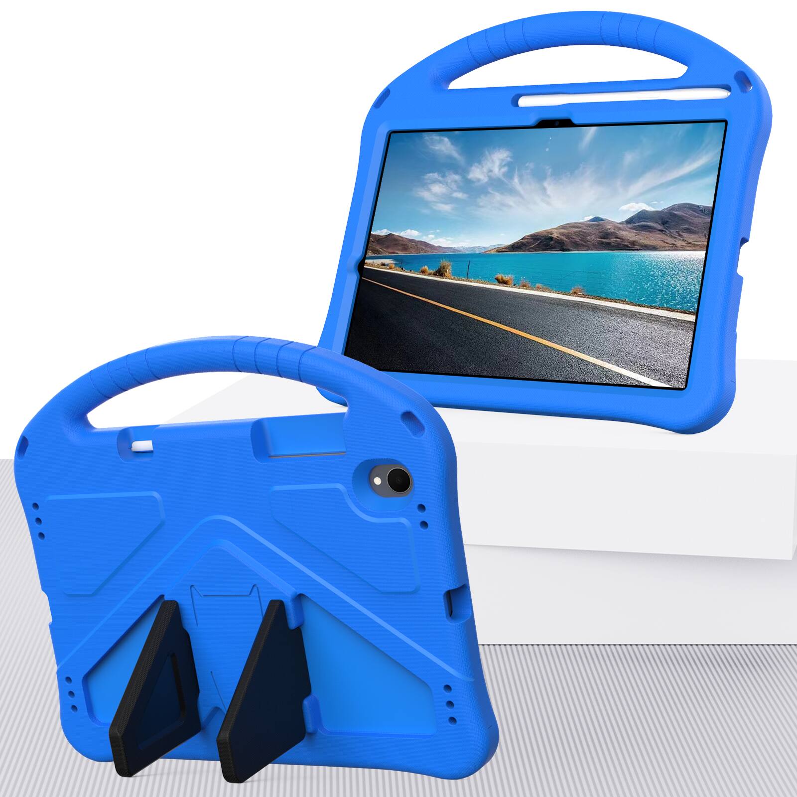 Angle. UUCOVER - Kids Case for Samsung Galaxy Tab S11 11-inch 2025 SM-X730 SM-X736B,Shockproof EVA Case Handle Kickstand Back Cover - Blue.