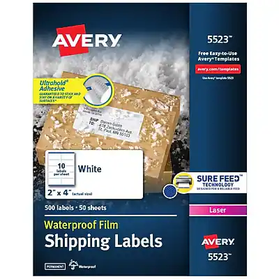 AVERY 5523
Free Easy-to-Use Avery Templates
avery.com/templates
Ultrahold Adhesive
Guaranteed to Stick to a Variety of Surfaces
10 White
2" x 4" Shipping Labels
500 Labels - 50 Sheets
Waterproof Film
Shipping Labels
SURE FEED TECHNOLOGY
Laser
AVERY 5523