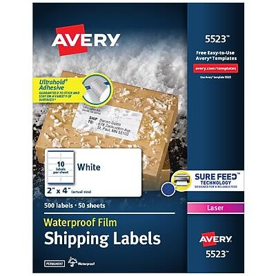 AVERY 5523  
Free Easy-to-Use Avery Templates  
avery.com/templates  

Ultrahold Adhesive  
Guaranteed to Stick to a Variety of Surfaces  

10 White  
2" x 4" Shipping Labels  
500 Labels - 50 Sheets  
Waterproof Film  
Shipping Labels  

SURE FEED TECHNOLOGY  
Laser  

AVERY 5523
