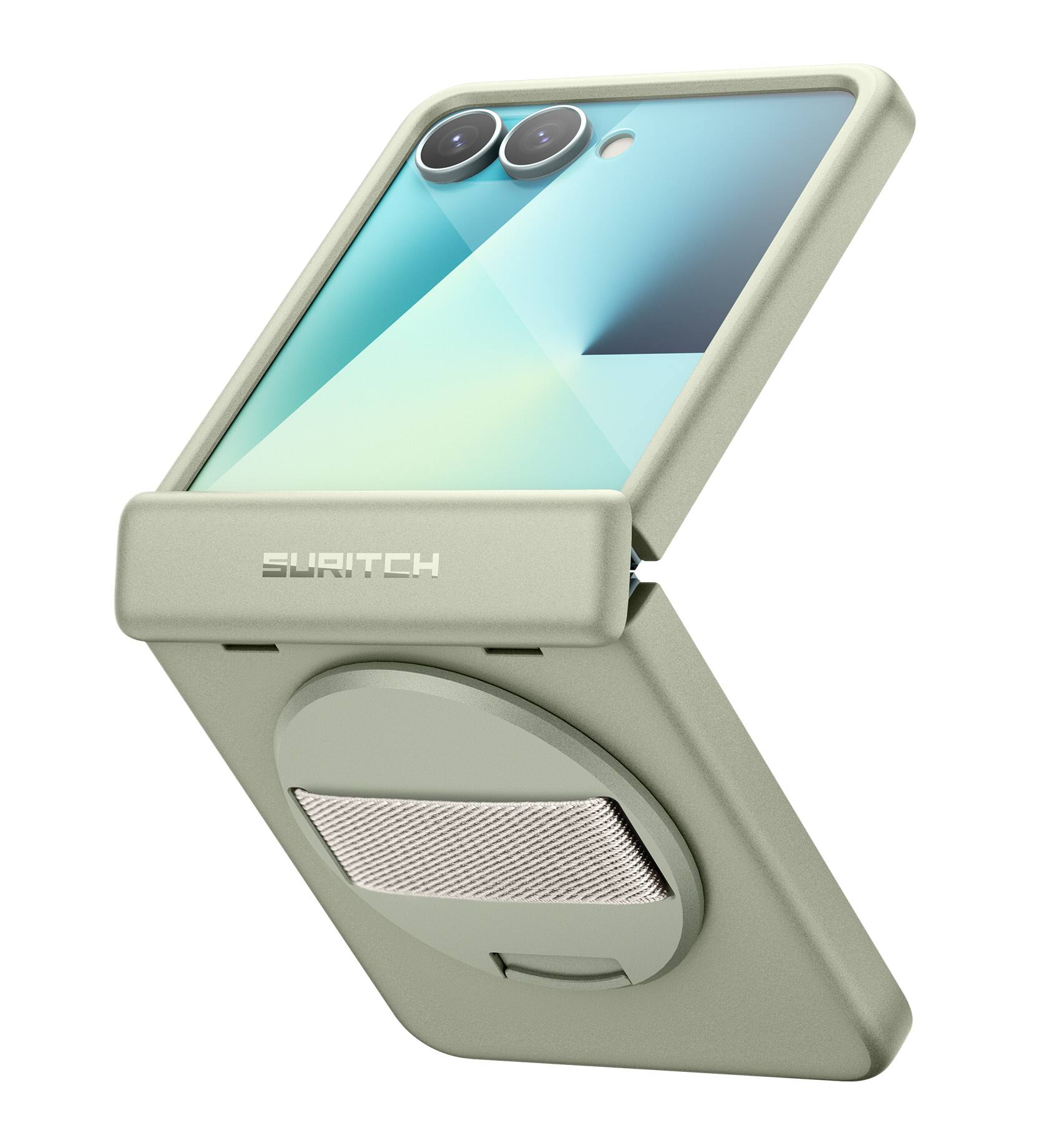 Left. SURITCH - Case for Samsung Galaxy Z Flip 7 with 360° Rotatable Hand Strap, Invisible Kickstand, Screen Protector, Protective Cover - Khaki Green.