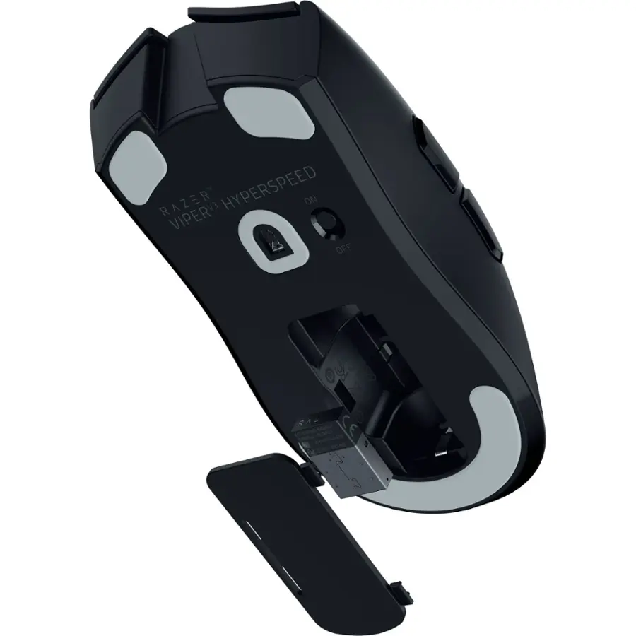 The image features a black Razer HyperSpeed mouse with a detachable wrist guard. The mouse is turned off, as indicated by the "Off" label on the side. The wrist guard is detached and placed next to the mouse, ready for use. The close-up view of the mouse and wrist guard highlights the design and functionality of the gaming accessory.