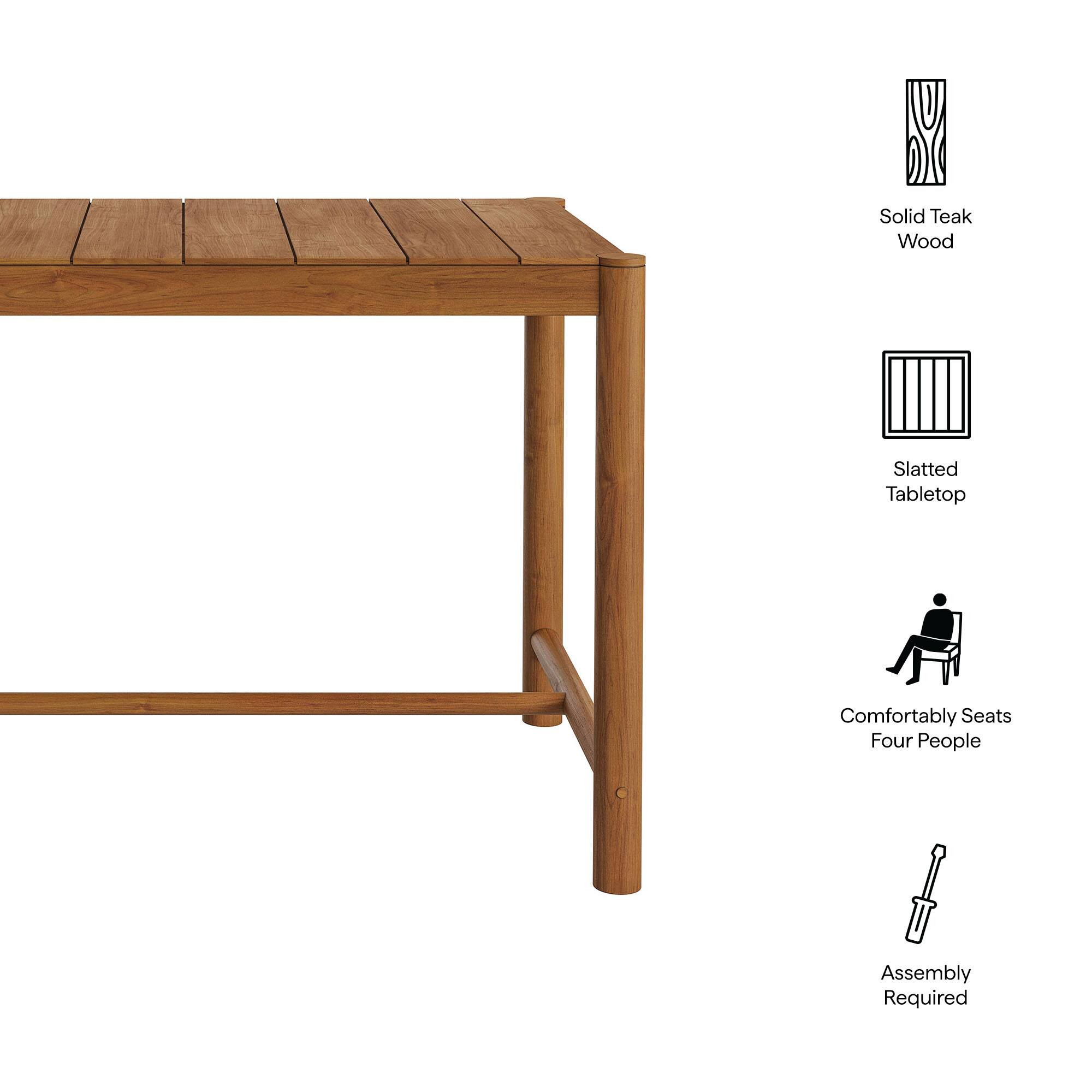 Solid Teak Wood Slatted Tabletop  
Comfortably Seats Four People  
Assembly Required