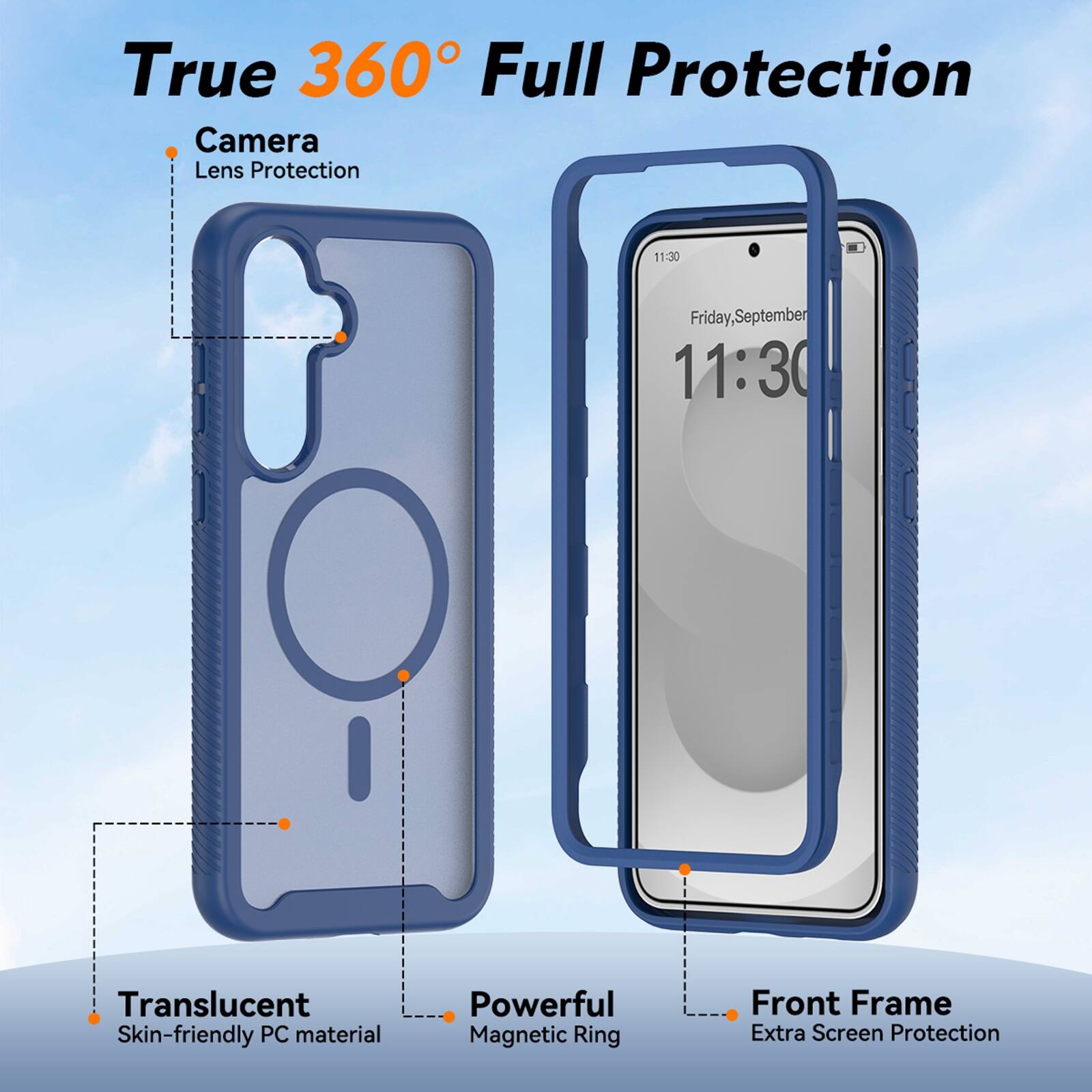 True 360° Full Protection

- Camera Lens Protection
- Translucent Skin-friendly PC material
- Powerful Magnetic Ring
- Front Frame Extra Screen Protection