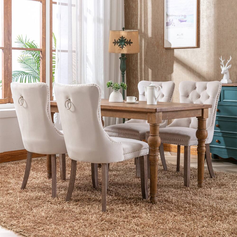 Alt View 9. Loheer - Loheer Beige Velvet Dining Chairs Set of 2 Tufted High Back Upholstered Mid-Century Modern Solid Wood Legs Nailhead Trim - Beige.