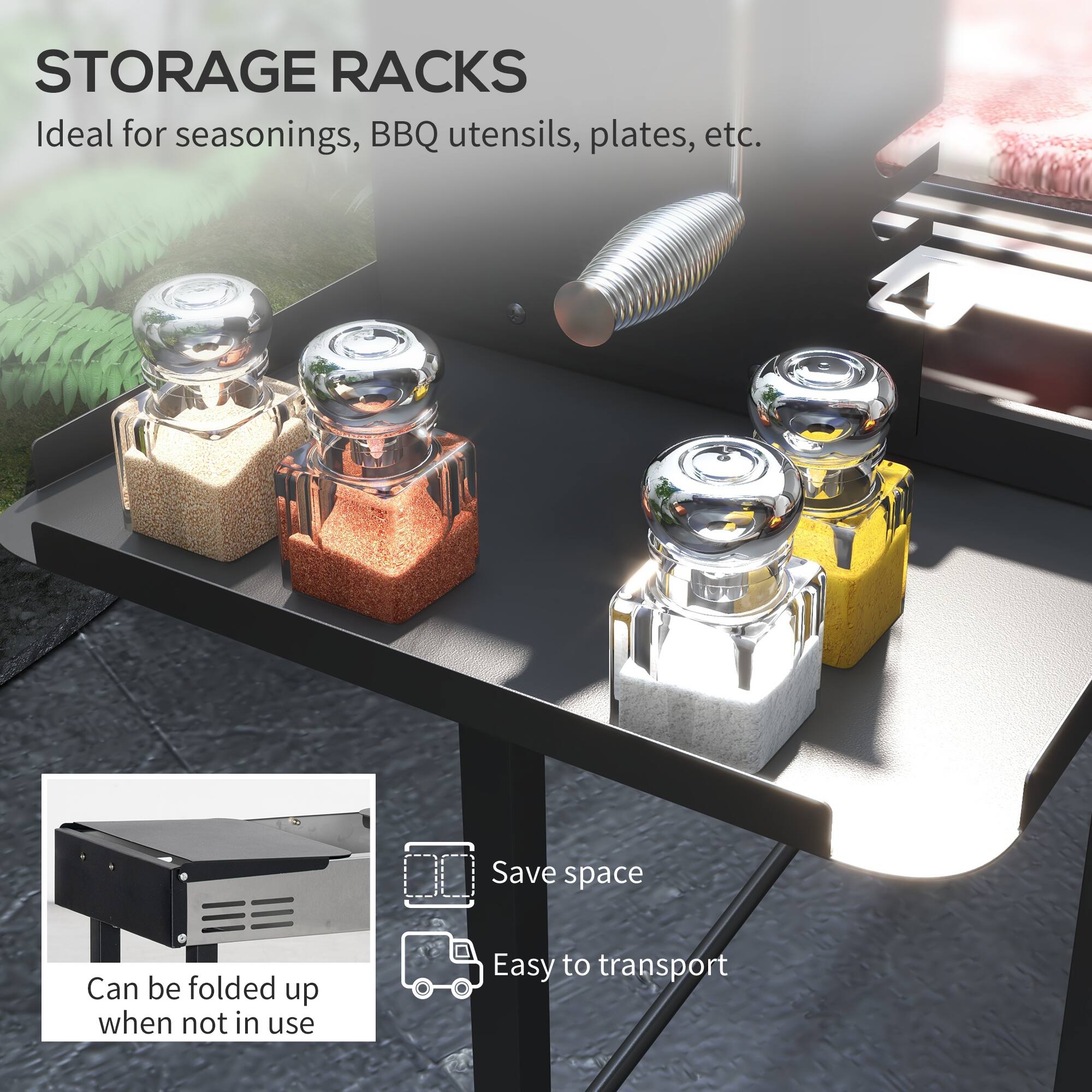 **STORAGE RACKS**

Ideal for seasonings, BBQ utensils, plates, etc.

- Save space
- Easy to transport
- Can be folded up when not in use