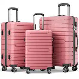 Sugift - 3 Piece Hardshell Luggage Sets Checked Spinner PC & ABS Luggage Set with YKK Zipper and TSA Lock - Pink