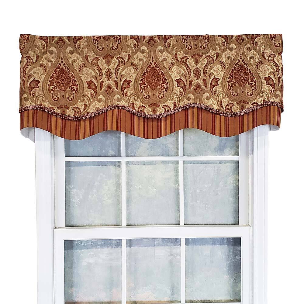 Front. RLF Home - RLF Home Chenille Fabric with Damask Motive Paisley Dream Glory Valance 3" Rod Pocket 50" x 16" Gold/Bronze - Gold bronze.