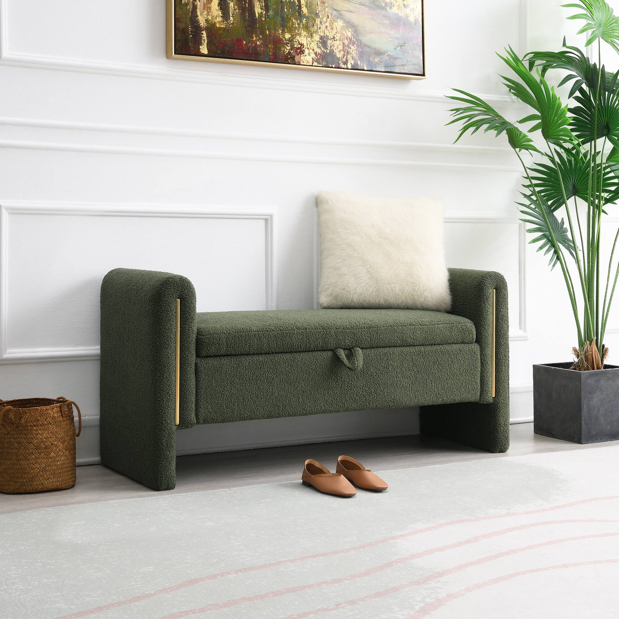 Angle. GOODSILO - Modern Upholstered Storage Bench with Arms, Large Foot Rest Stool for Living Room and Bedroom - Olive Green.