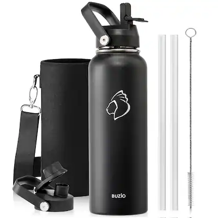 Front. Buzio - Duet Series - 40oz Insulated Water Bottle with Straw Lid and Spout Lid & Carrying Sleeve - Black.