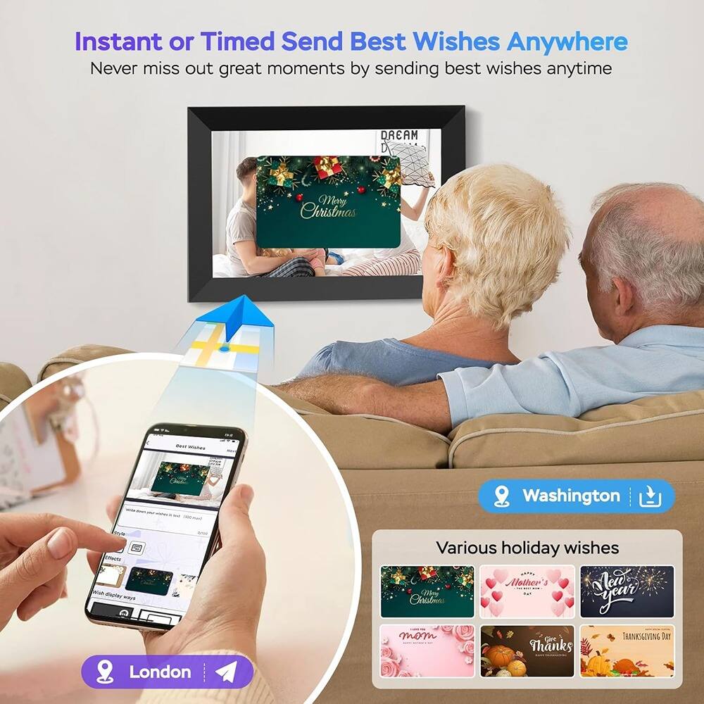 Instant or Timed Send Best Wishes Anywhere  
Never miss out great moments by sending best wishes anytime  

Various holiday wishes  

Washington  
London  

- Merry Christmas  
- Mother's Day  
- Happy Birthday  
- mom  
- Thanks  
- Thanksgiving Day