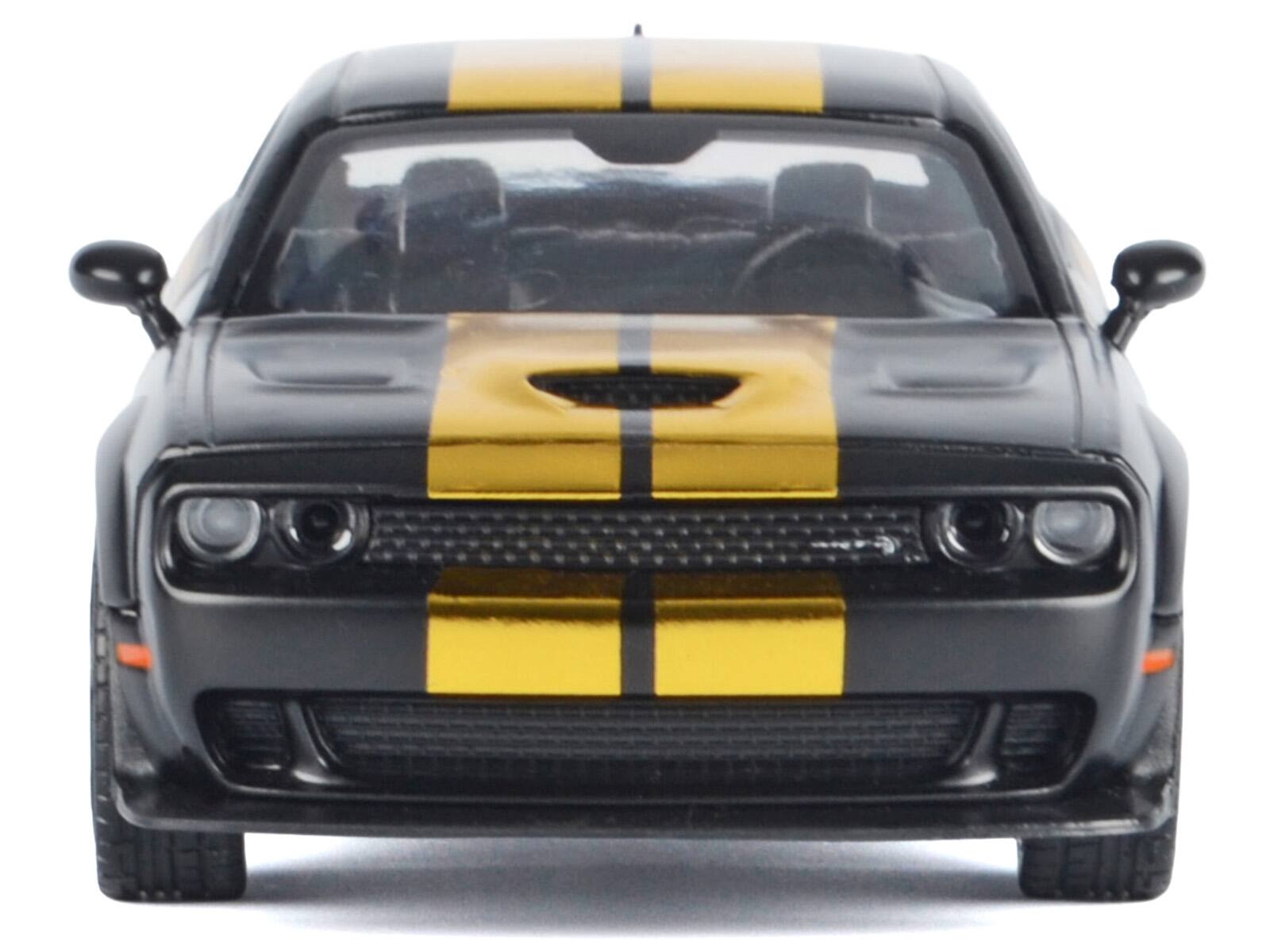 Left. Motormax - 2018 Dodge Challenger SRT Hellcat Widebody Matt Black with Gold Stripes and Graphics "Midnight Eclipse" Series 1/24 - Matt Black and Gold.