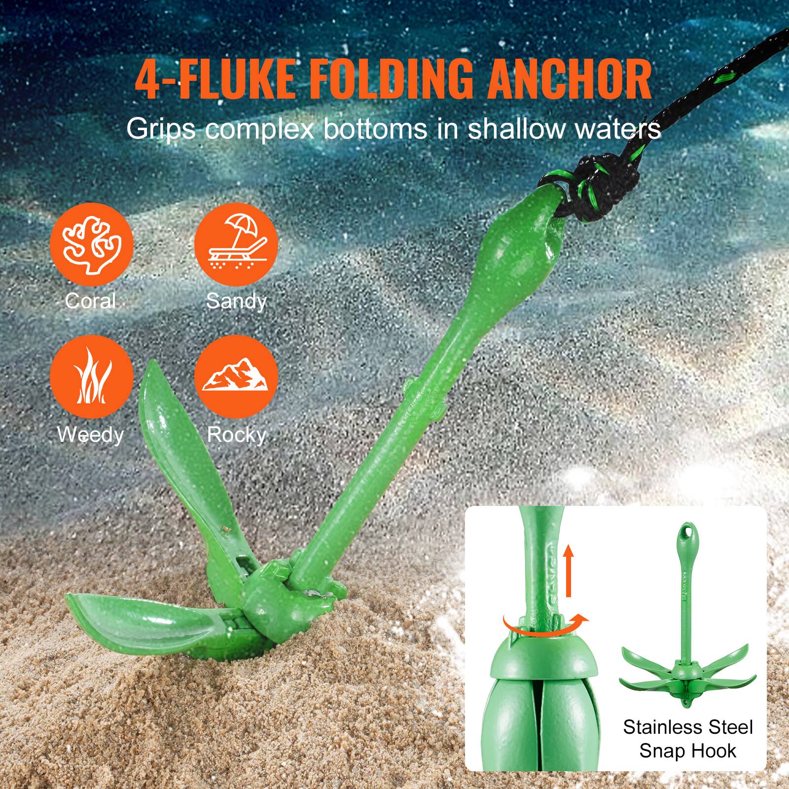4-FLUKE FOLDING ANCHOR  
Grips complex bottoms in shallow waters  
Coral Sandy Weedy Rocky  
Stainless Steel Snap Hook