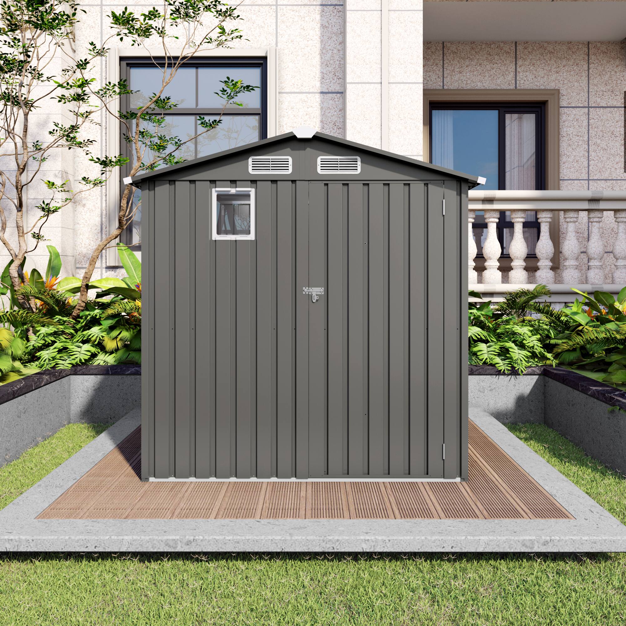 Left. Mondawe - 6X4 FT Metal Outdoor Storage Shed with Peaked Roof Watertight,Clear Window and Lockable Door - Gray.