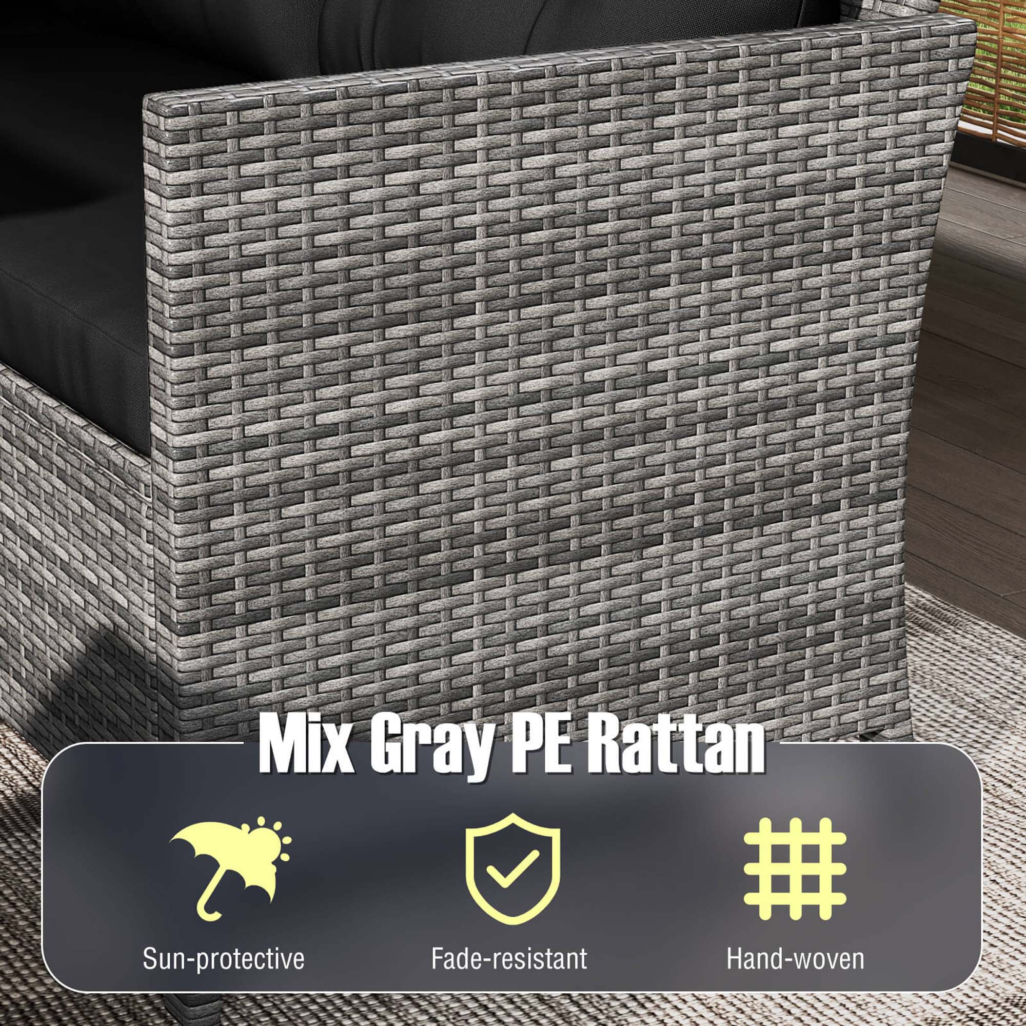 Mix Gray PE Rattan is a sun-protective, fade-resistant, and hand-woven outdoor furniture.