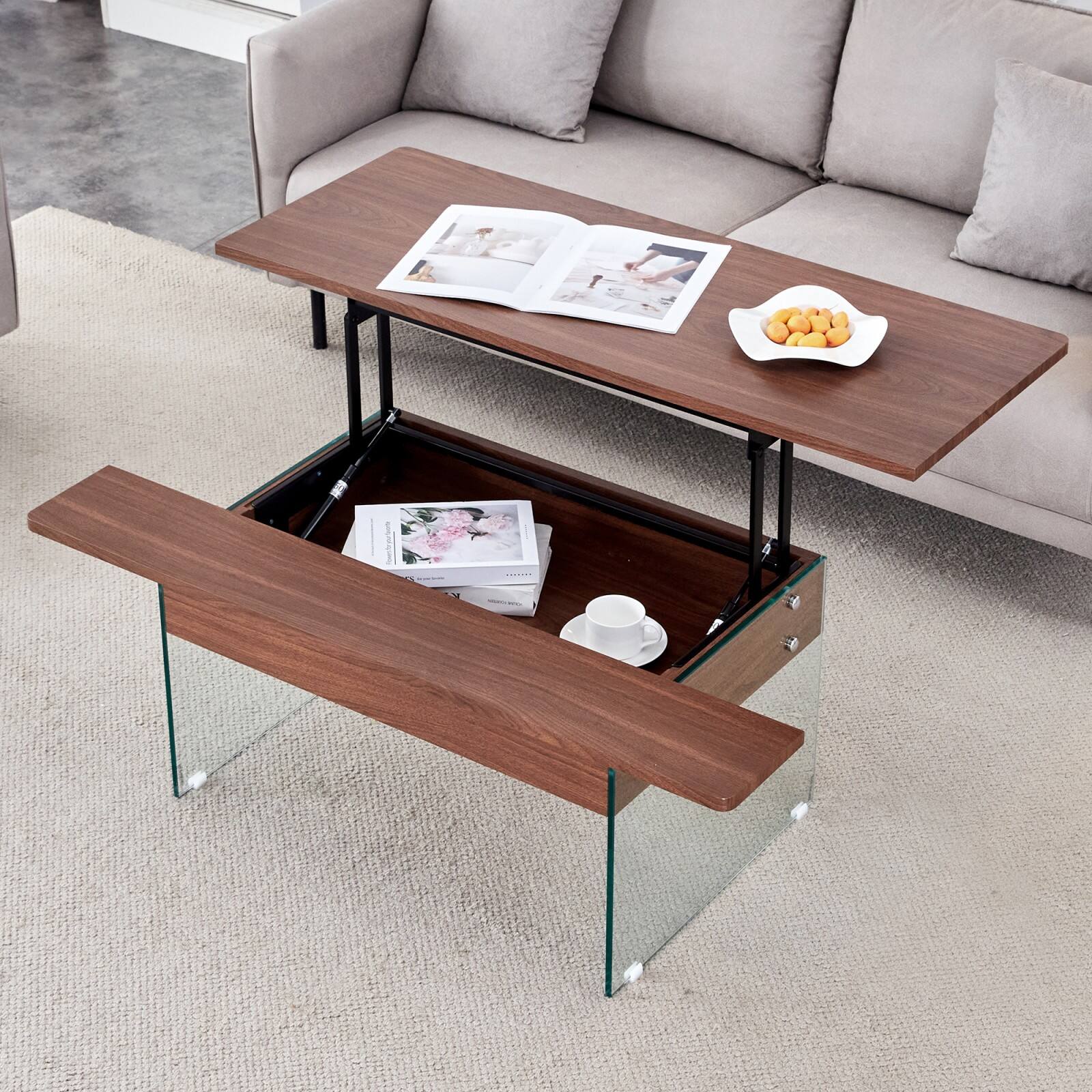 Alt View 8. Ecooso - Multifunctional Lift Top Coffee Table -Light Wood Color Grain Sticker, Tempered Glass Legs,Lift Top Feature. - Wood.