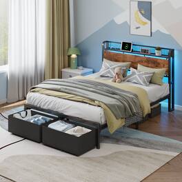 Furnulem - Bed Frame with 1 Underbed Drawers and Open Storage Headboard RGB LED Light and Charging Station - Brown