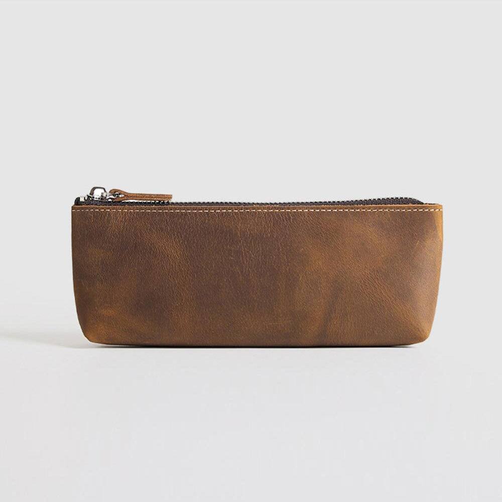 Angle. Steel Horse Leather - The Pallavi |  Leather Pencil Case and Makeup Bag - Dark Brown.