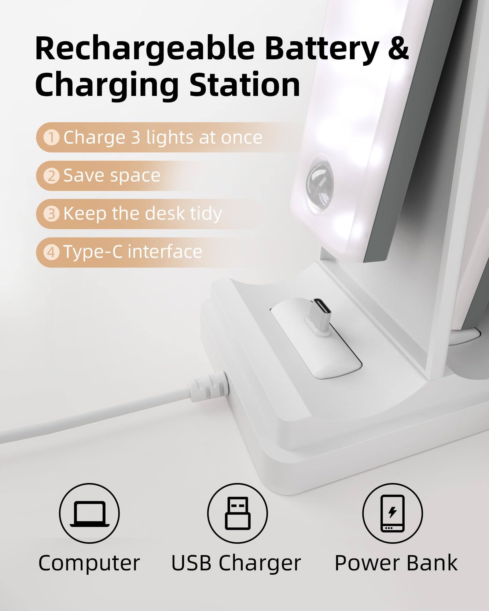 Rechargeable Battery & Charging Station

1. Charge 3 lights at once
2. Save space
3. Keep the desk tidy
4. Type-C interface

Computer USB Charger Power Bank