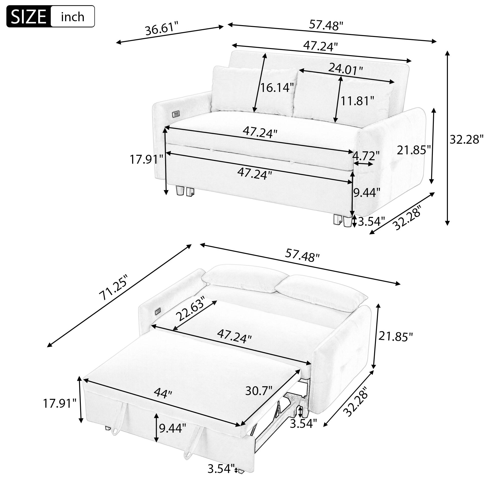 Here are the corrected and grouped measurements from the image:

**Dimensions of the sofa:**
- Width: 57.48"
- Depth: 36.61"
- Height: 32.28"

**Dimensions of the seat:**
- Width: 47.24"
- Depth: 24.01"
- Height: 17.91"

**Dimensions of the backrest:**
- Height: 32.28"
- Width: 57.48"
- Depth: 16.14"

**Dimensions of the armrest:**
- Height: 11.81"
- Width: 47.24"

**Dimensions of the cushions:**
- Seat cushion: 47.24" x 21.85"
- Back cushion: 16.14" x 11.81"

**Dimensions of the side table:**
- Width: 30.7"
- Depth: 17.91"
- Height: 5.74"

**Additional dimensions:**
- 9.44"
- 4.72"
- 3.54"
- 2.8"
- 2.15"
- 1.85"
- 1.54"