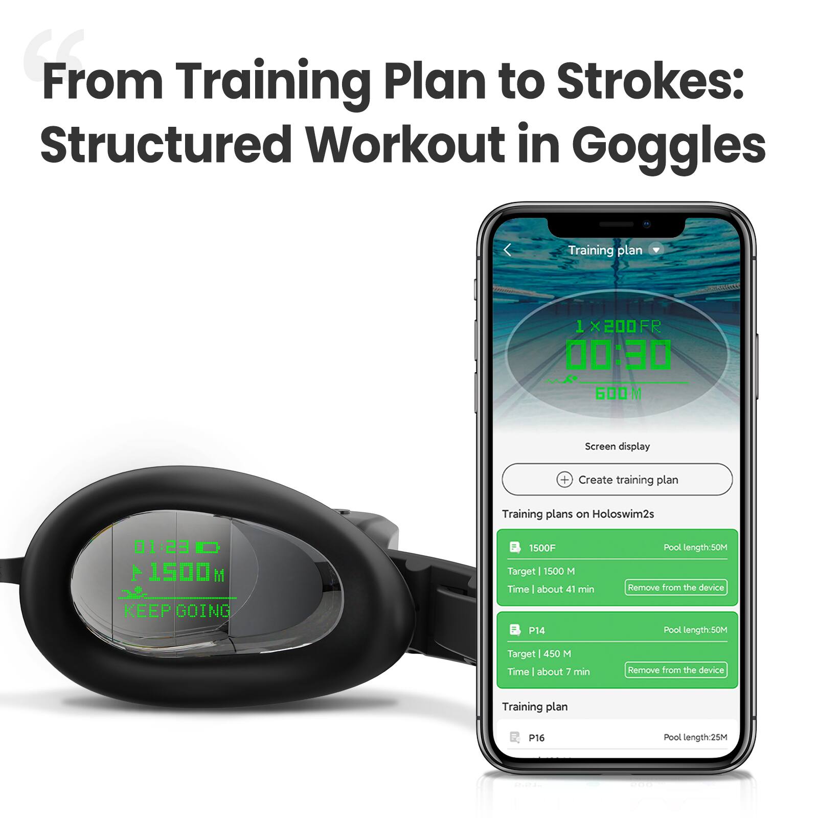 From Training Plan to Strokes: Structured Workout in Goggles

Training plan
1X200FR 00:30
600 M

Screen display
+ Create training plan

Training plans on Holoswim2s
1500F
Target | 1500 M
Time | about 41 min
Pool length: 50M
Remove from the device

P14
Target | 450 M
Time | about 7 min
Pool length: 50M
Remove from the device

Training plan
P16
Pool length: 25M