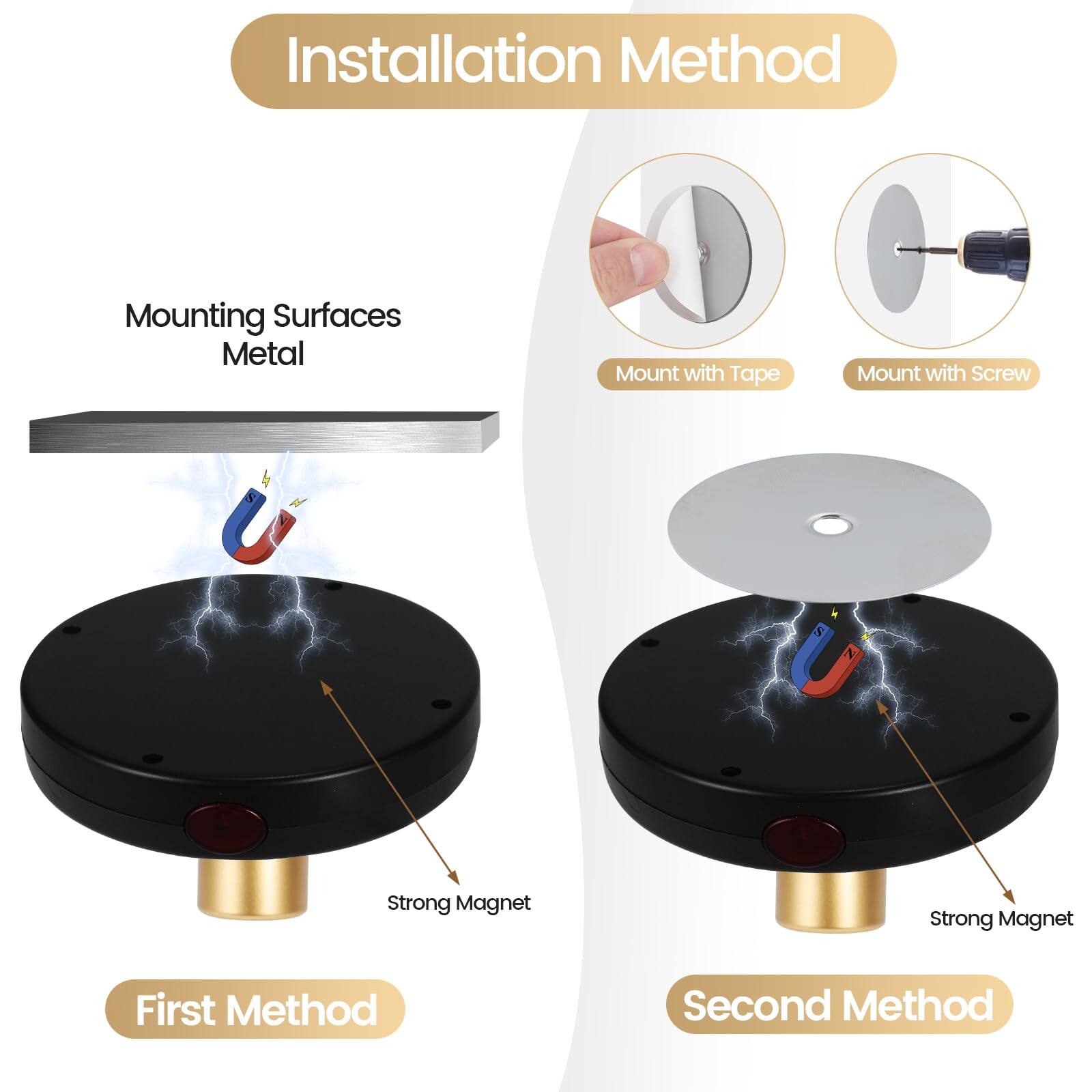 Installation Method

Mounting Surfaces Metal

First Method

Strong Magnet

Second Method

Strong Magnet

Mount with Tape

Mount with Screw