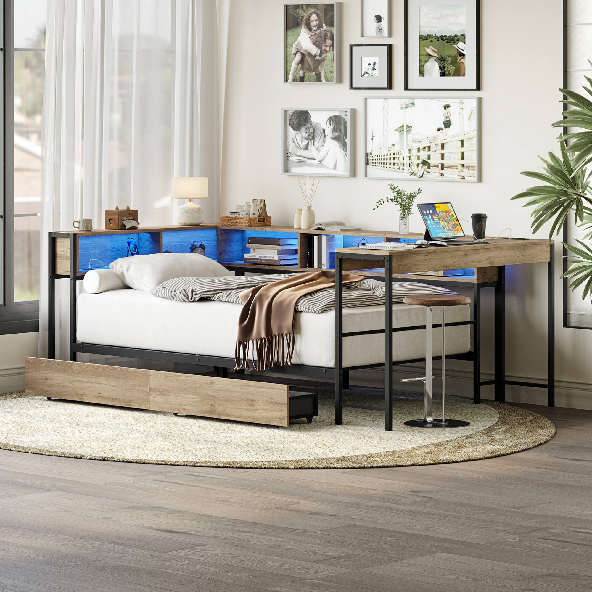 Left. GOODSILO - Compact Twin Corner Bed Frame with Integrated Bookcase, Underbed Storage Drawers, LED Lighting, and Charging Station - Grey.