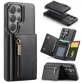 Dteck - For Samsung Galaxy S26 Ultra Detachable Wallet Case Premium PU Leather 2-in-1 Magnetic Zipper RFID Card Holder Cover - Black
