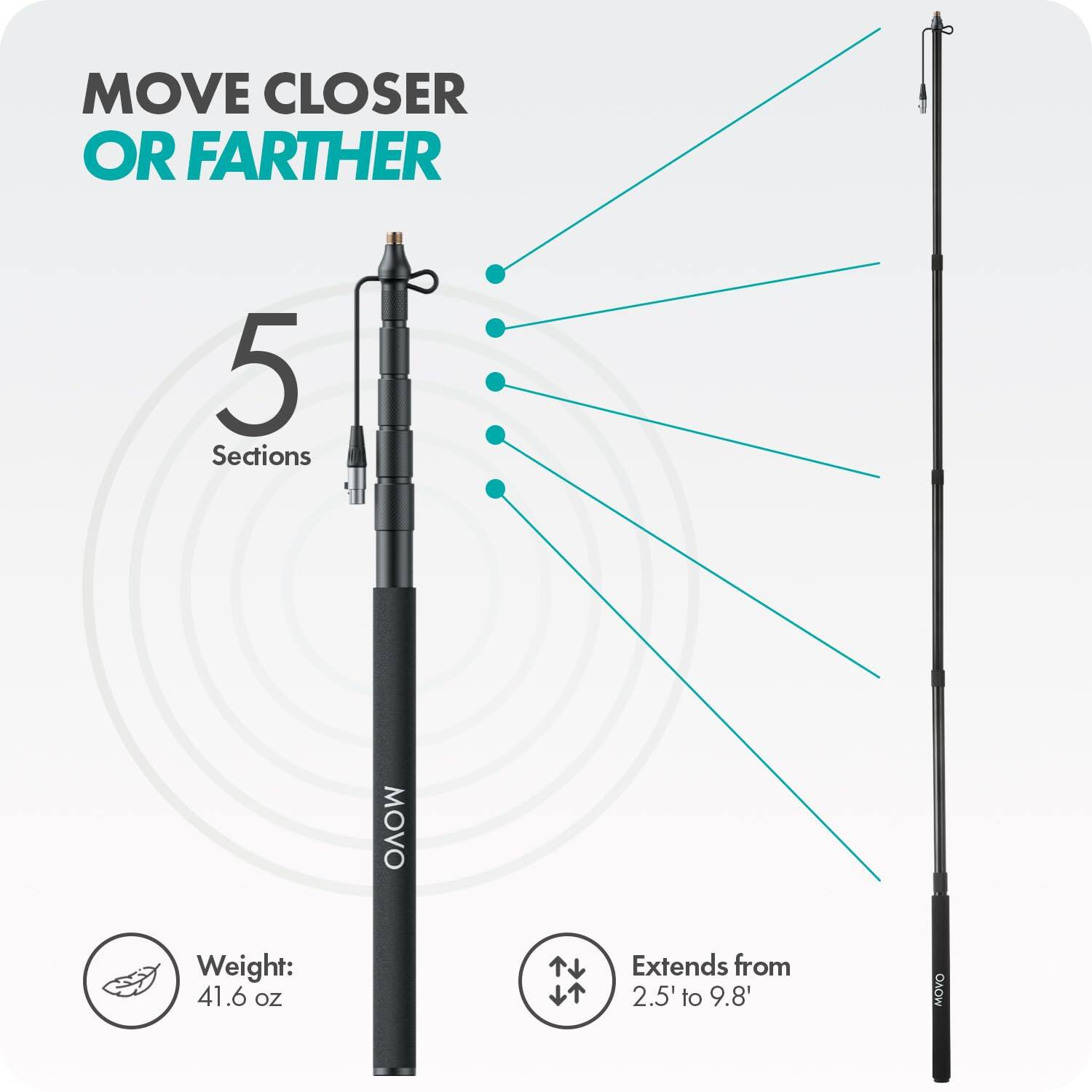 MOVE CLOSER OR FARTHER

5 Sections

Weight: 41.6 oz

Extends from 2.5' to 9.8'