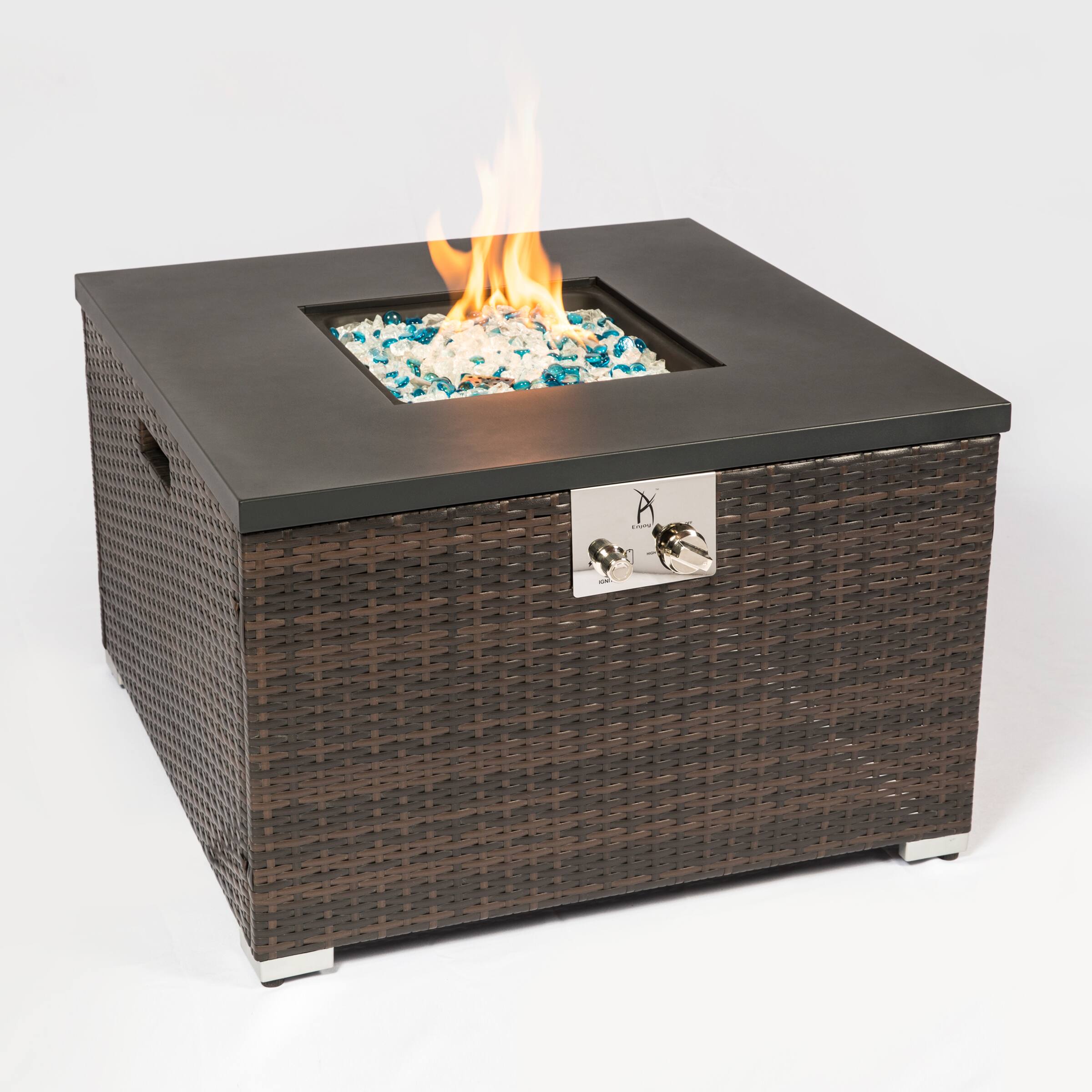 Angle. APRILSOUL - Outdoor Gas Fire Pit Square Dark Brown Wicker Fire Pit Table Propane Fire Table - Brown.