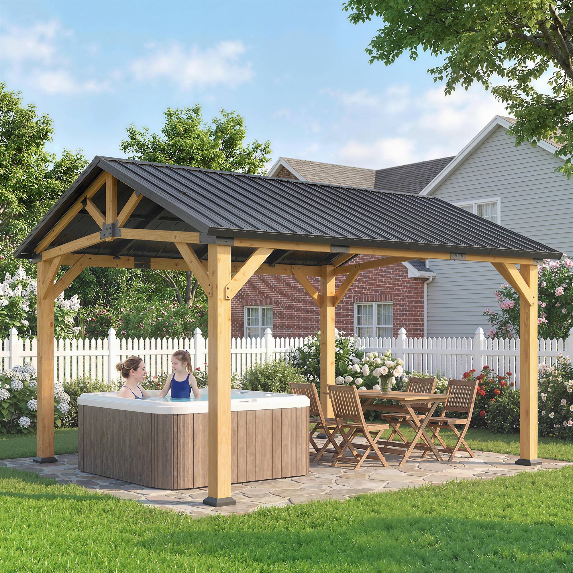 Alt View 7. Outsunny - x 11' Hardtop Gazebo Canopy with Galvanised Metal Roof, Fir Wood Frame and Central Hook for Patio - Black Gray and Natural.