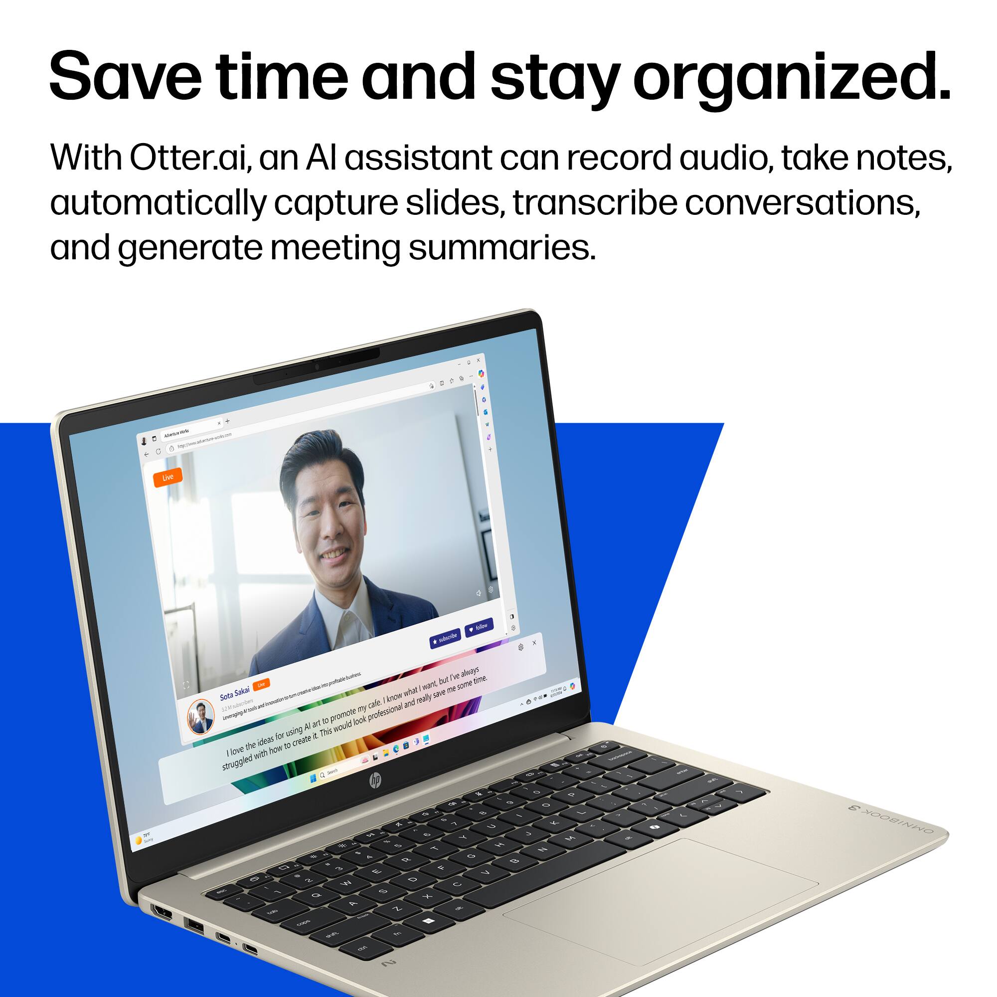 Save time and stay organized. With Otter.ai, an AI assistant can record audio, take notes, automatically capture slides, transcribe conversations, and generate meeting summaries.