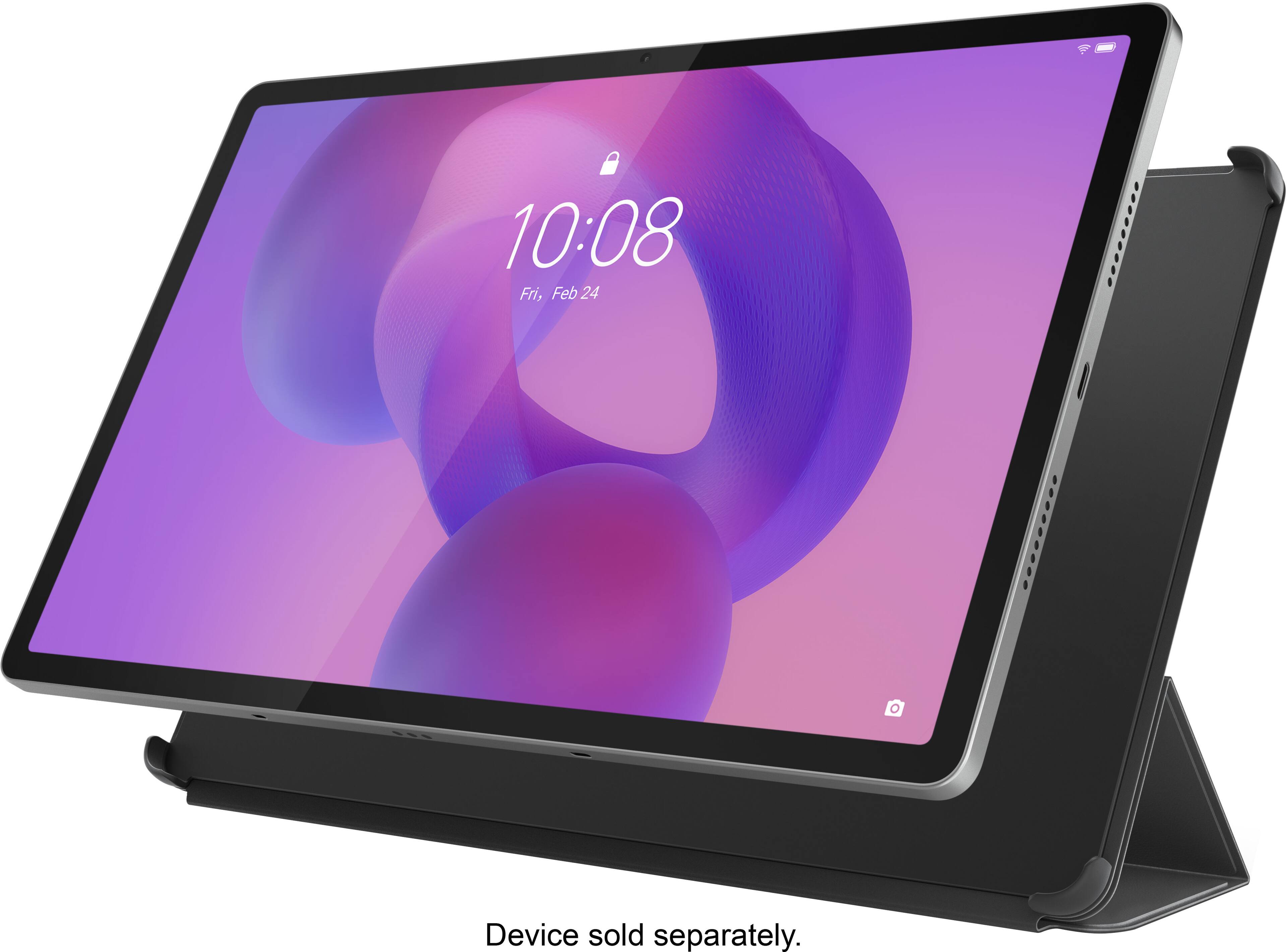 The image shows a purple and black Samsung tablet with the time 10:08 displayed on the screen. The device is sold separately, as indicated by the text "device sold separately."