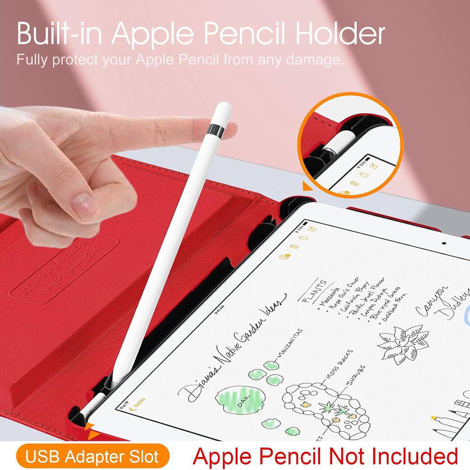 Built-in Apple Pencil Holder  
Fully protect your Apple Pencil from any damage.

USB Adapter Slot  
Apple Pencil Not Included